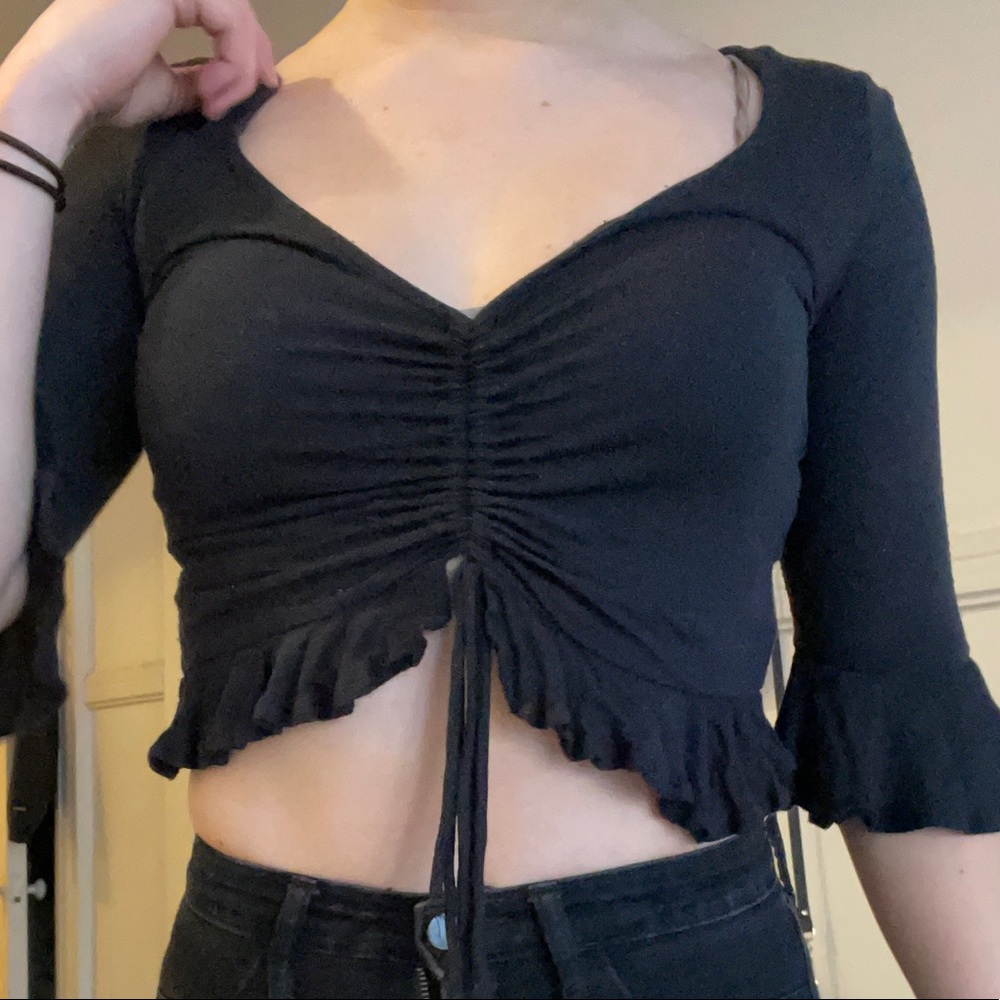 UO black drawstring top with ruffles
